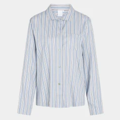 CCDK Amalie lyseblå bambus natskjorte med blå, hvide og grå striber*Dame Nattoppe Og -Skjorter