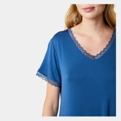 CCDK Superblød blå kortærmet bambus natkjole med blondekant fra*Dame Natkjoler